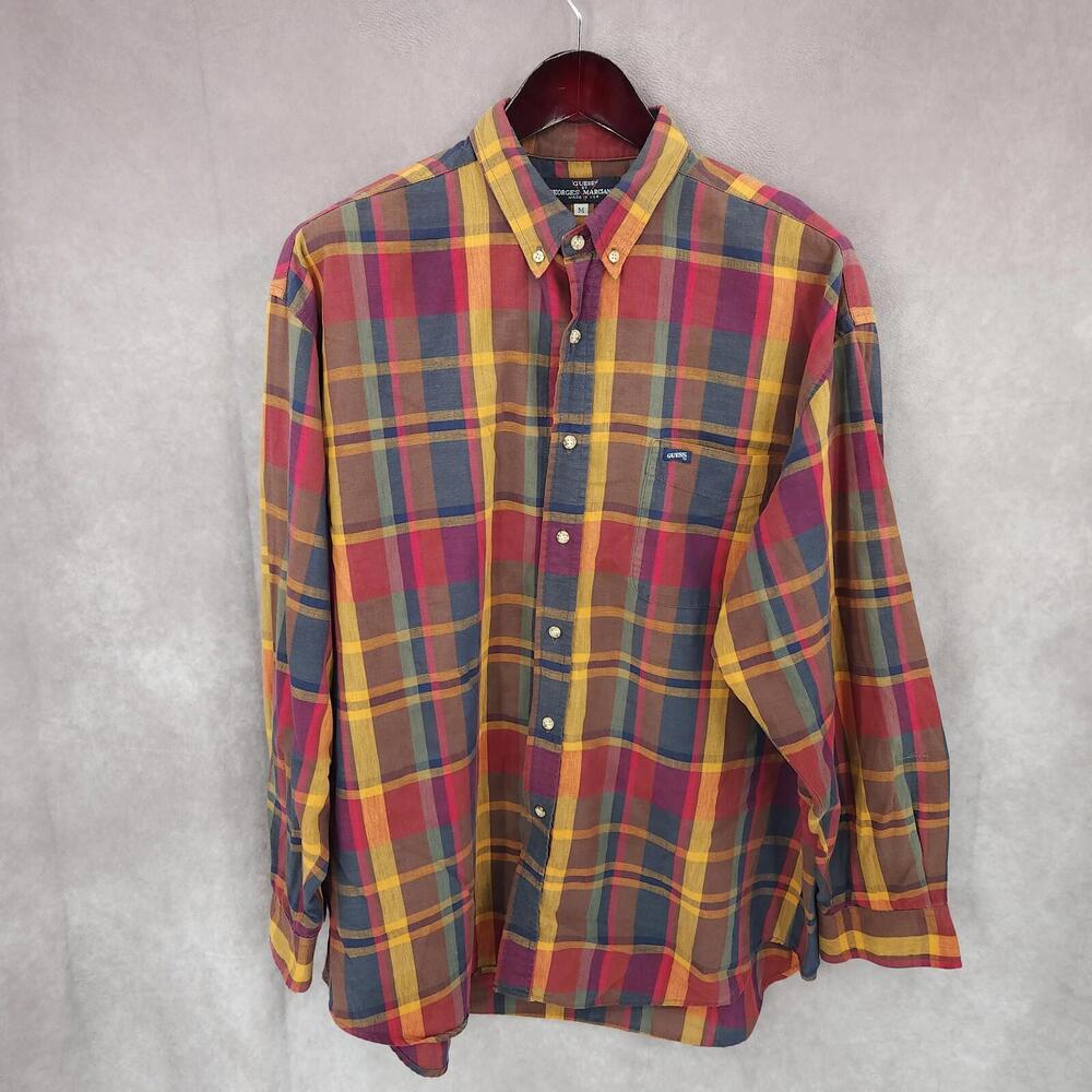 Vtg Guess Georges Marciano Shirt Mens Medium Plaid Button Up Long Sleeve USA